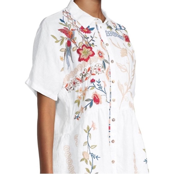 Johnny Was Ellia 100% linen button down floral embroidered peplum blouse boho - Picture 1 of 15